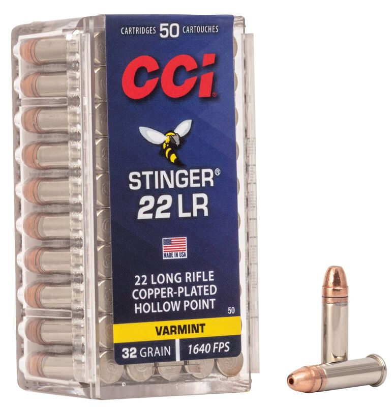 CCI Stinger, 22 LR, 32 Grain, Copper Plated Hollow Point, 1640 fps 50pk