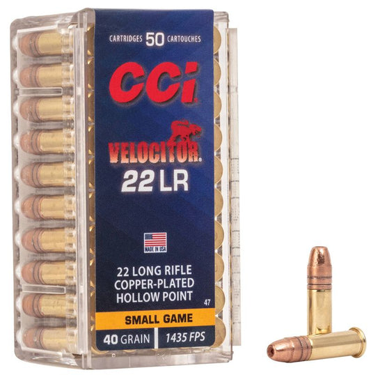 CCI Velocitor HP, 22 LR, 40 Grain, Copper Plated Hollow Point, 1435 fps 50pk