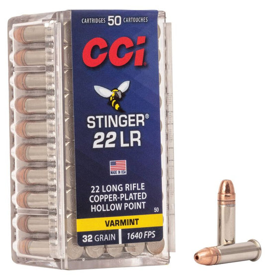 CCI Stinger, 22 LR, 32 Grain, Copper Plated Hollow Point, 1640 fps 50pk