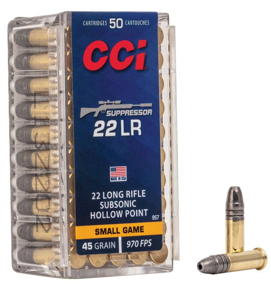 CCI 22 Suppressor, 22 LR, 45 Grain, Lead Hollow Point, 970 fps 50pk