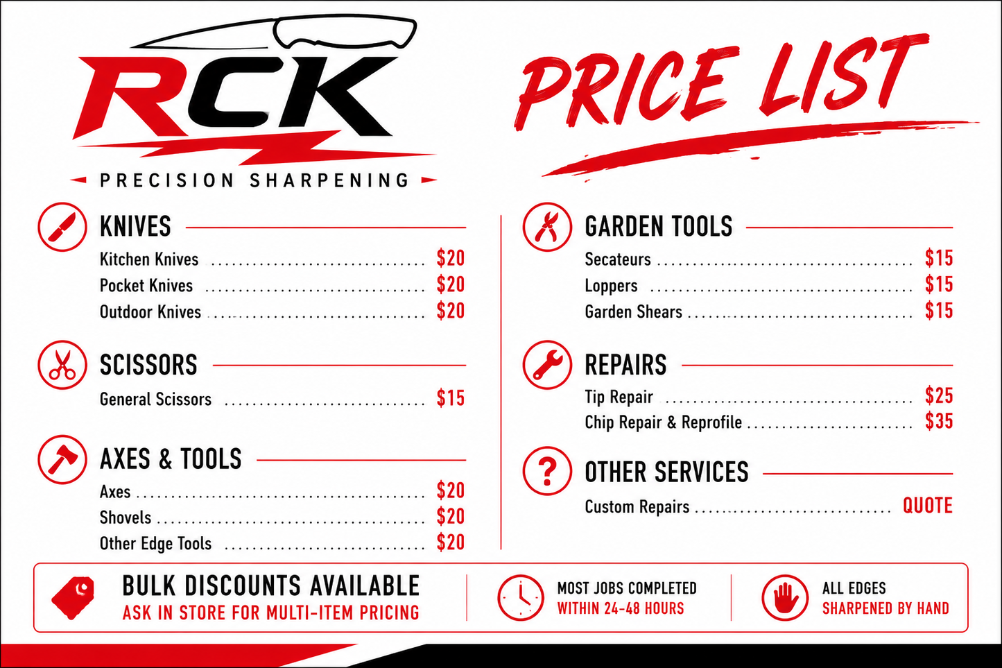 Knife Sharpening pricelist